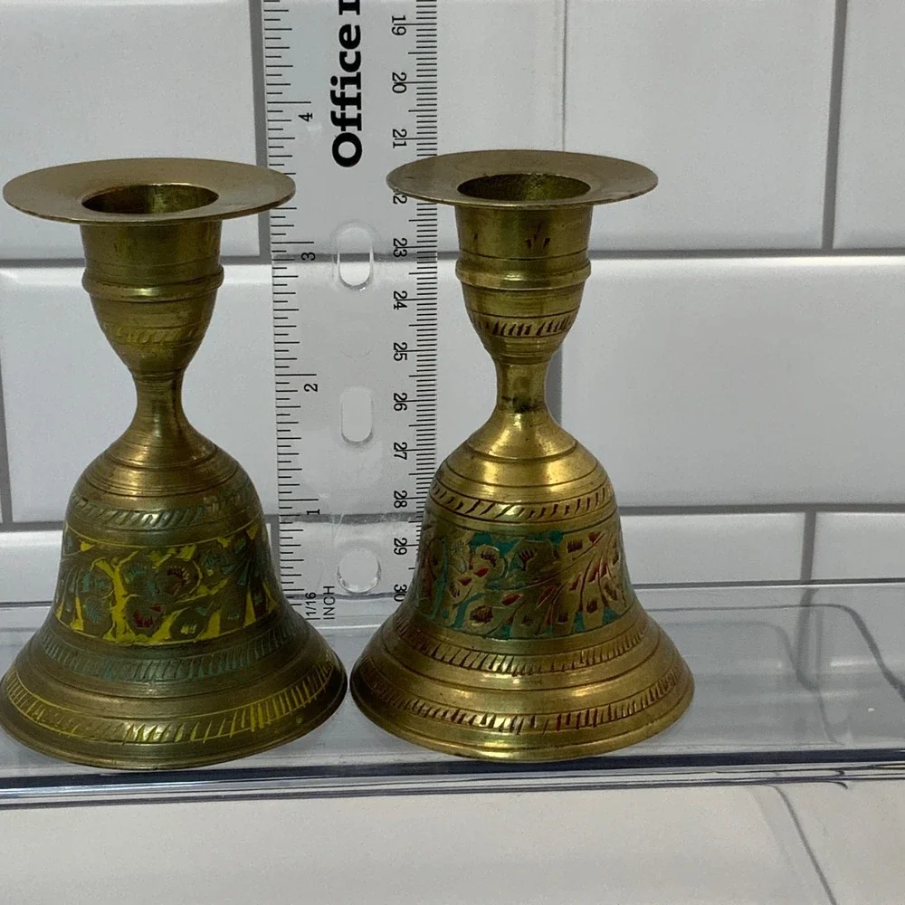 Vintage India Etched Floral Enamel Brass Bell Candle Holder Pair Gold 4.5in